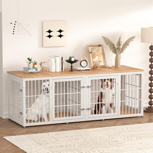 48 Inch Heavy Duty Dog Crate Furniture for Large Dogs, Decorative Pet House End Table, Extra Large Wooden Cage Kennel Furniture Indoor, Natural and White