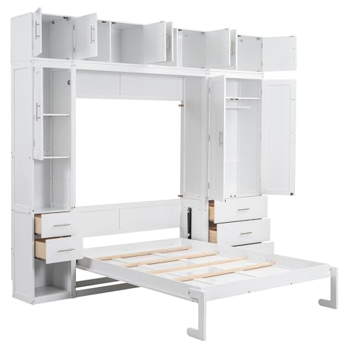 Harper & Bright Designs Full Size Murphy Bed Wall Bed with Lockers and Wardrobes, Wooden Folding Murphy Cube Cabinet Bed for Bedroom, Guest Room or Home Office, Easy Assembly (White, Full)