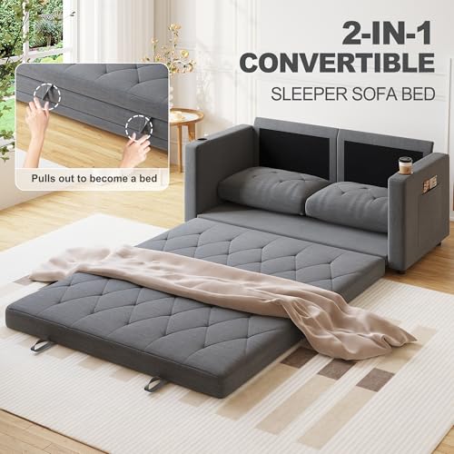 Lvifur 3-in-1 Loveseat Sleeper Sofa, Pull Out Sleeper Couch Full Size, Foldable Futon Sofa Bed for Small Space, Convertible Floor Couch with Side Pockets for Living Room (Beige)