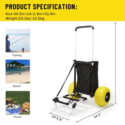 Beach Fishing Cart, 13” Big Balloon Wheels w/Flat-Free Solid PU Tires for Sands, 165LBS Loading Folding Sand Cart & 33.1" to 51.6" Adjustable Height, Beach Buggy Cart w/Storage Bag, No Rust
