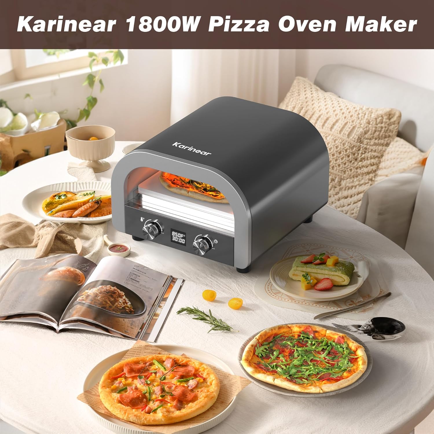 Electric Pizza Oven Indoor - Karinear 13 Inch Pizza Maker Machine for Home, Portable Countertop Pizza Oven Temp Range Reaches 750°F,Stainless Steel,1800W