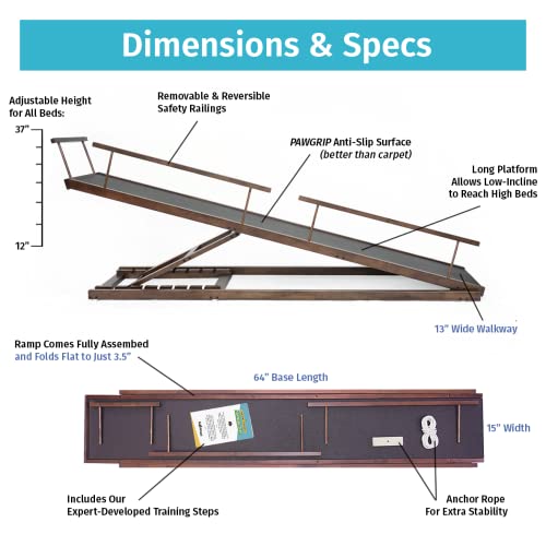 Dog Ramp for Beds - Solid Hardwood with 5 Finish Options - Adjustable up to 37" High Beds with Low Incline, Safety Rails & Anti-Slip Grip, For Small Dogs up to 50lbs - Made in North America