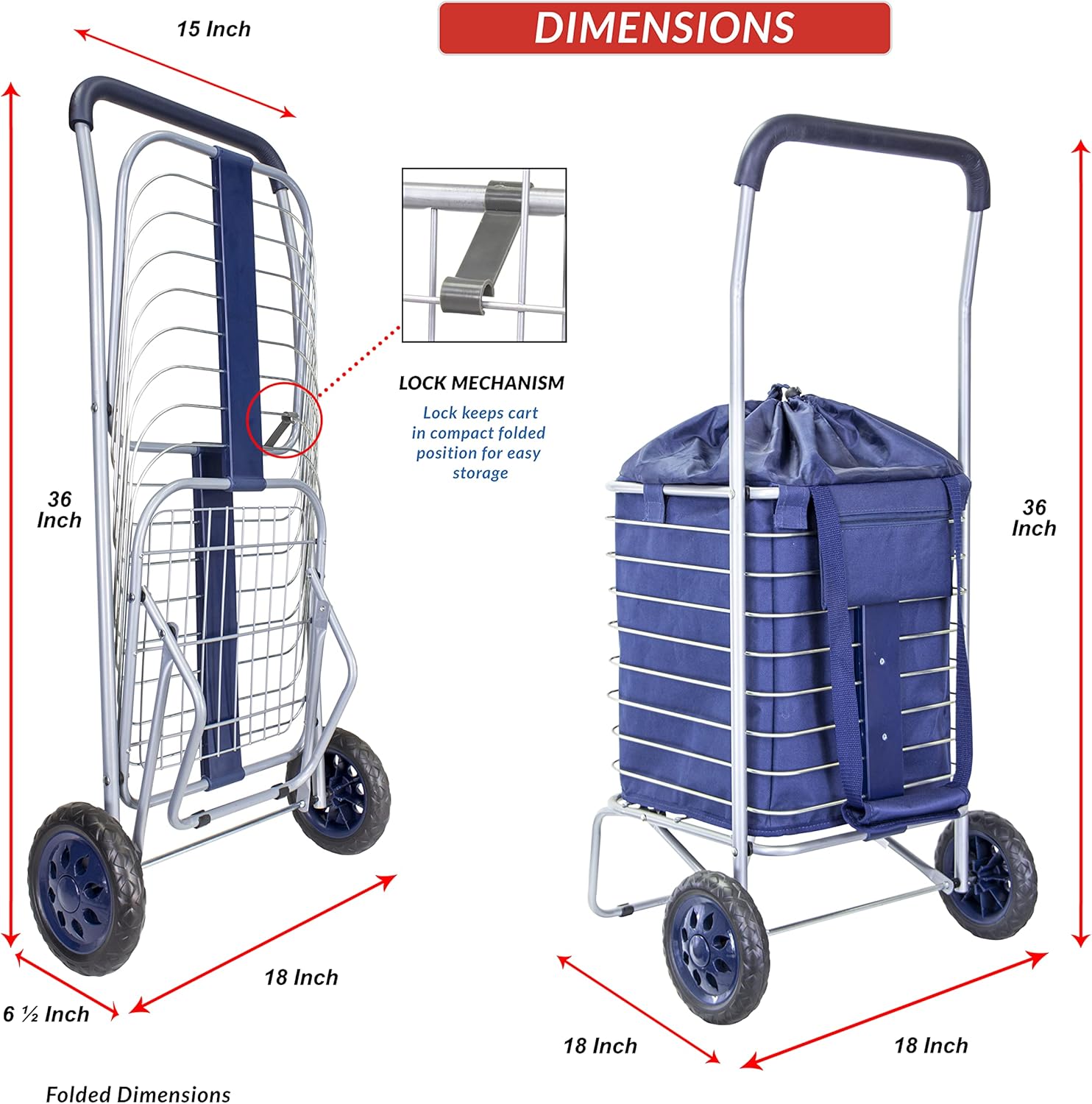 dbest products Cruiser Cart with Bag Bundle Shopping Cover Grocery Rolling Folding Laundry Basket on Wheels Foldable Utility Trolley Compact Lightweight Collapsible, Navy