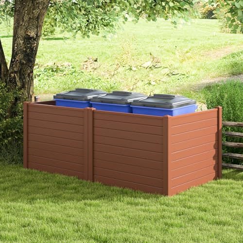 Happygrill Air Conditioner Fence, 2-Panel Trash Can Enclosure w/Stakes, 48”L x 37.5”H Pool Equipment Fence Screen, Freestanding Outdoor Privacy Fence Panel Kit for Lawn, Garden & Patio, Brown