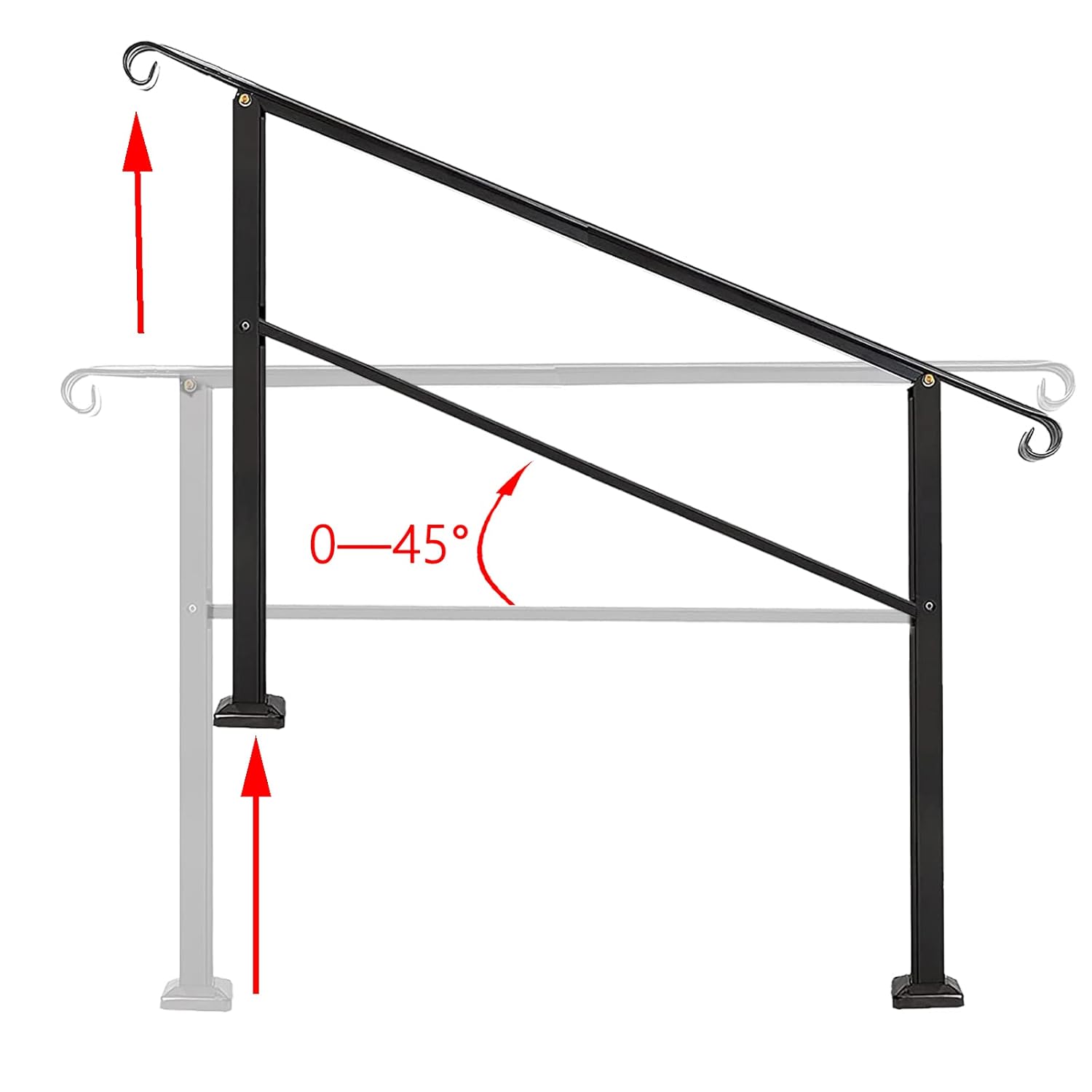 Outdoor Stair Railing,Black Wrought Iron Handrail,4 Step Transitional Handrail Metal Adjustable Outdoor Handrails for Exterior Steps with Installation Kit,Handrail with Installation Kit