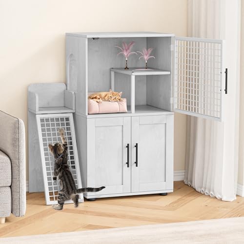 IDEALHOUSE Modern Villa Cat Litter Box Enclosure with Platform,Double Layer Cat Litter Hidden Furniture,Hidden Cat Washroom Furniture Indoor, Cat House with Ladder,33.5" L x 17.9" W x 41.9" H,Wax Wood