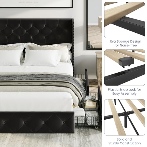 Bed Frame King Size with Storage Drawers and Tufted Headboard, Velvet Upholstered Platform Bed Wingback Bed Frame with Wood Slats, No Box Spring Needed, Black