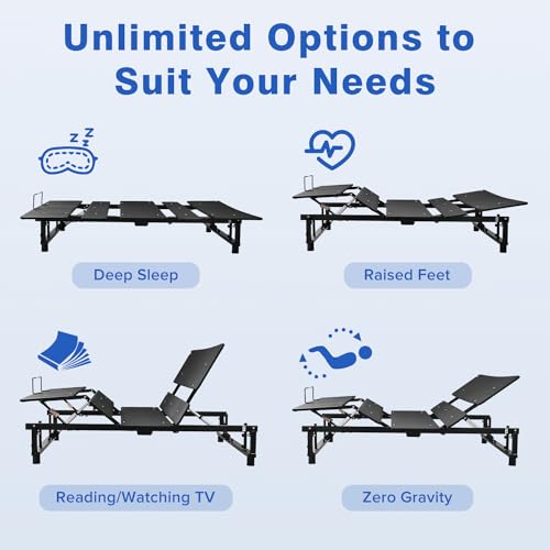 Electric Adjustable Bed Base Frame, Queen Size Bed Frame, Head & Foot Incline, Zero Gravity Lounge Bed, Quiet Motor, Wireless Remote, Black
