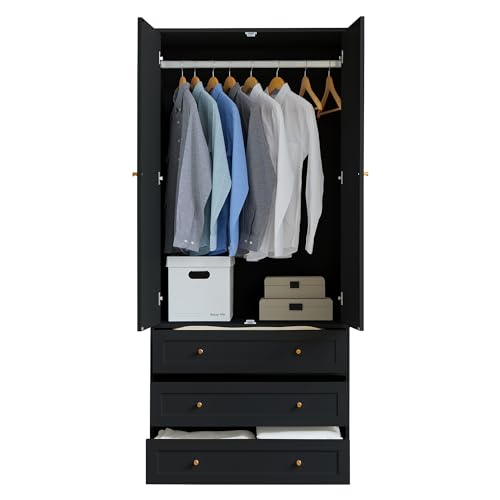 Wardrobe Closet Armoire, 71 "Wardrobe Armoire Wooden Closet with 3 Drawers, 2 Doors Household Freestanding Wooden Closet Storage Cabinet for Bedroom (Black)