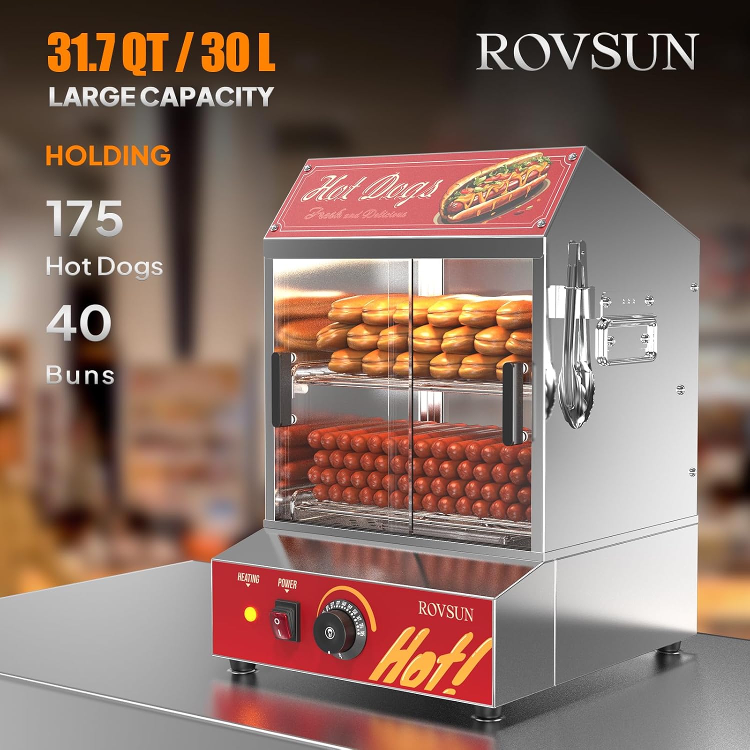 Hot Dog Steamer 175 Hot Dogs & 40 Buns Capacity, 31.7QT/30L Hut Steamer Hot Dog Steamer and Bun Warmer Cooker 2-Tier with Removable Shelves Food Clip for Party Event Concession Stand