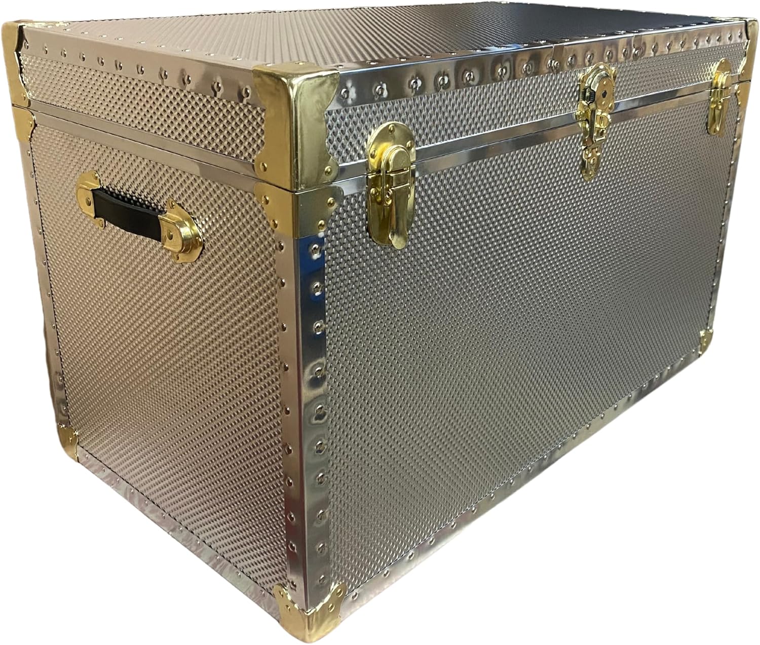 DormCo USA Made Footlocker - Embossed Steel Trunk with Wheels and Brass Hardware - Oversized Plus