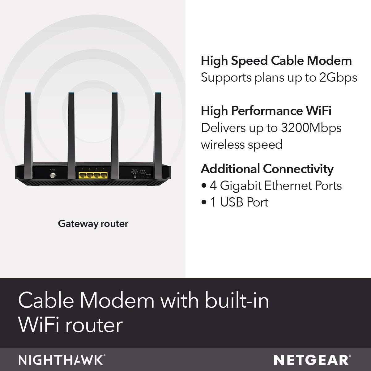NETGEAR Nighthawk Cable Modem WiFi Router Combo (C7800) - Compatible with Cable Providers Including Xfinity by Comcast, Cox, Spectrum AC3200 WiFi Speed | DOCSIS 3.1 (Renewed)