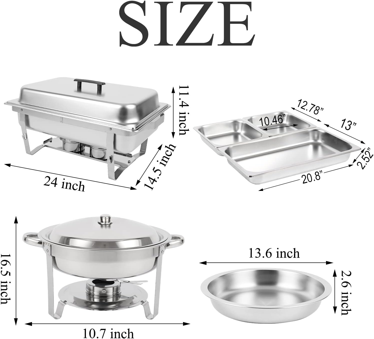Restlrious Chafing Dish Buffet Set Stainless Steel 5QT Round & 8QT Rectangle Foldable Chafers & Buffet Warmers Set, w/Full & Half Size Food Pan, Water Pan, Fuel Holder & Lid for Catering Event, 5 Pk