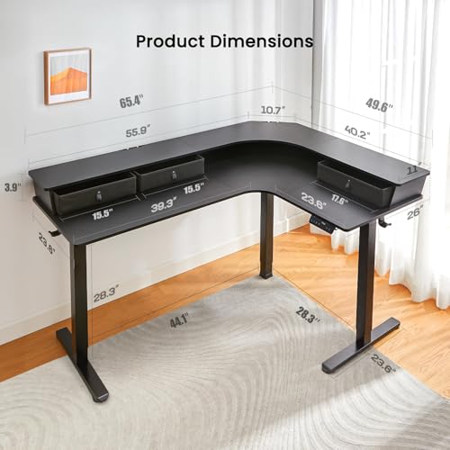 ErGear Electric L Shaped Standing Desk, 65'' Height Adjustable Corner Stand up Desk with Storage Drawers & Cable Management Trays, Modern Home Office Computer Workstation, Black