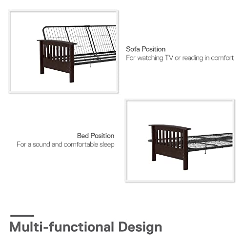 REALROOMS Elbi Full Size Wood Arm and Black Metal Futon Frame, Brown