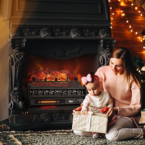 TURBRO Eternal Flame Infrared Electric Fireplace Logs, 23" Infrared Quartz, Remote Control Fireplace Insert Log Heater, Realistic Pinewood Ember Bed, Thermostat, Timer, 1500W Bronze