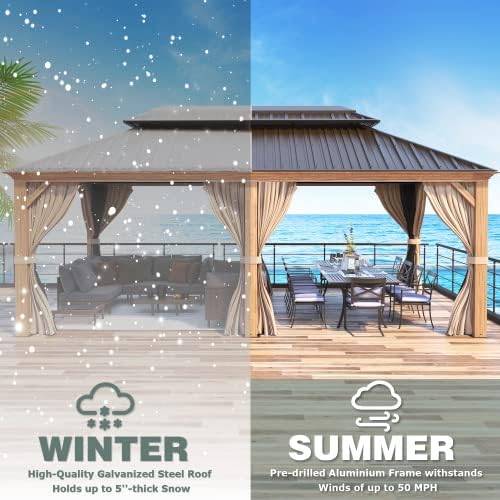 MELLCOM 12'x16' Hardtop Gazebo, Galvanized Steel Metal Double Roof Canopy with Curtains and Netting, Brown Permanent Pavilion Gazebos with Aluminum Frame for Garden, Patio, Lawns, Deck