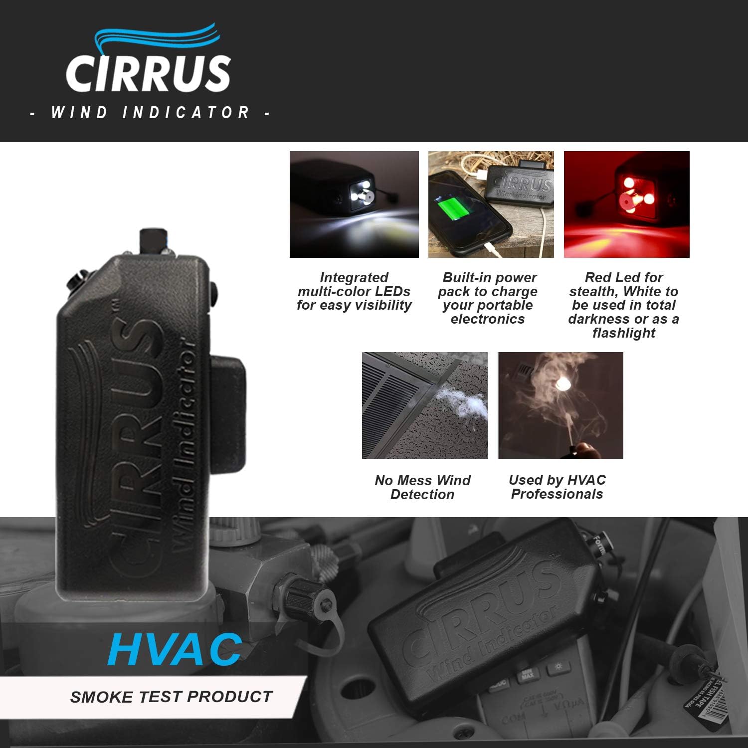 Cirrus Wind Indicator - HVAC Tool Kit with Led Rechargeable Flashlight and Power Bank - Safe and Portable - Trusted Smoke Detector of HVAC Technician