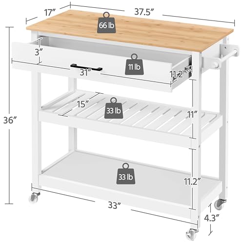 Yaheetech Kitchen Island Cart on Wheels with Bamboo Tabletop, 3-Tier Rolling Kitchen Island Microwave Cart with Drawer, Detachable Towel, 3 Hooks, 17" D x 37.5" W, White