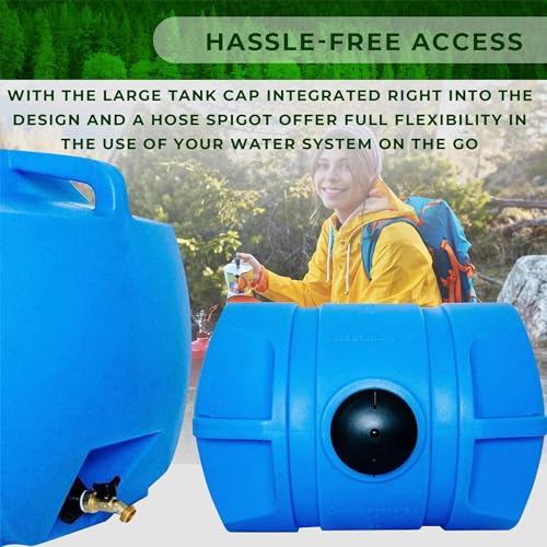 35 Gallon Utility Water Tank with Large Cap for Easy Filling, 3/4 Inch Brass Spigot, 2 Built in Strapping Points and 2 Handles, Blue