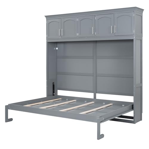 Full Size Murphy Bed with Top Cabinets and New Pneumatic Lift, Wall Chest Bed Space-Saving Design Cube Cabinet Wood Beds Frame Slat, Flexible Conversion Chest for Guest Room Home Office