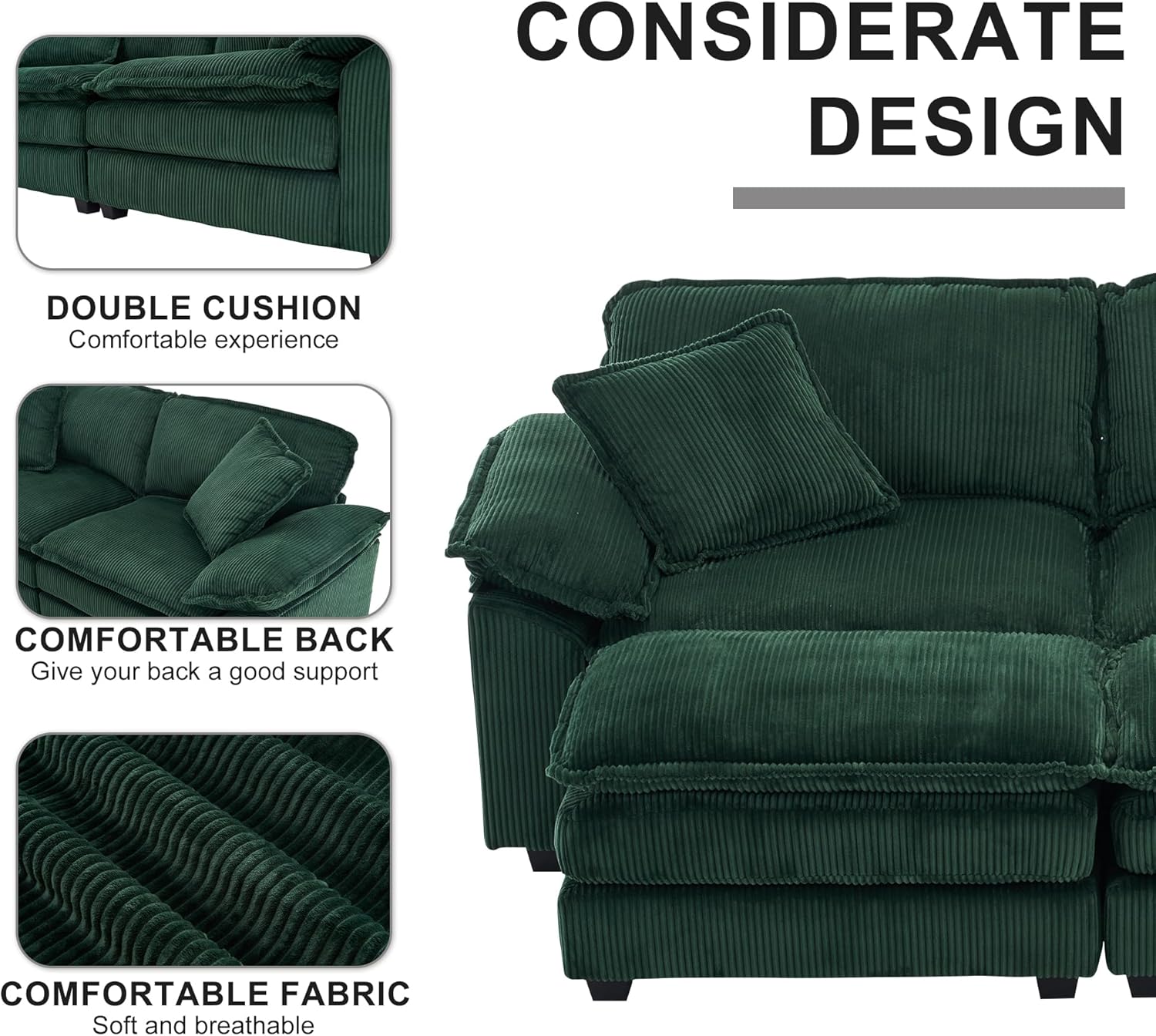 Oversized Convertible Sleeper Sofa Indoor, Deep Seat Chaise Lounge Chair, 2 Layer Thicken Upholstered Sleeper Sofa with Ottoman & Pillows, 84.6" W Loveseat Sofa for Living Room (Green)
