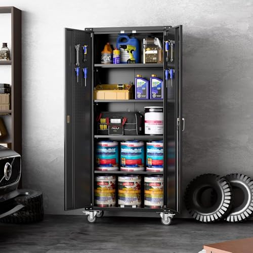 Aobabo Garage Storage Cabinet with Wheels,72" H Metal Storage Cabinet with 2 Doors and 4 Adjustable Shelves for Garage Home, Black,Required-Assembly