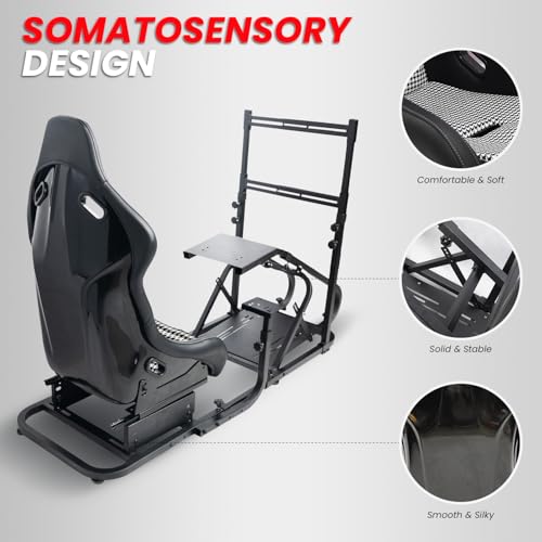 Racing Simulator Cockpit with Monitor Mount and Strong Fiberglass and PVC Leather Bucket Seat, Racing Wheel Stand Compatible with Fanatec, Thrustmaster, Logitech, Moza Racing Games on PS5, PS4, Xbox and PC