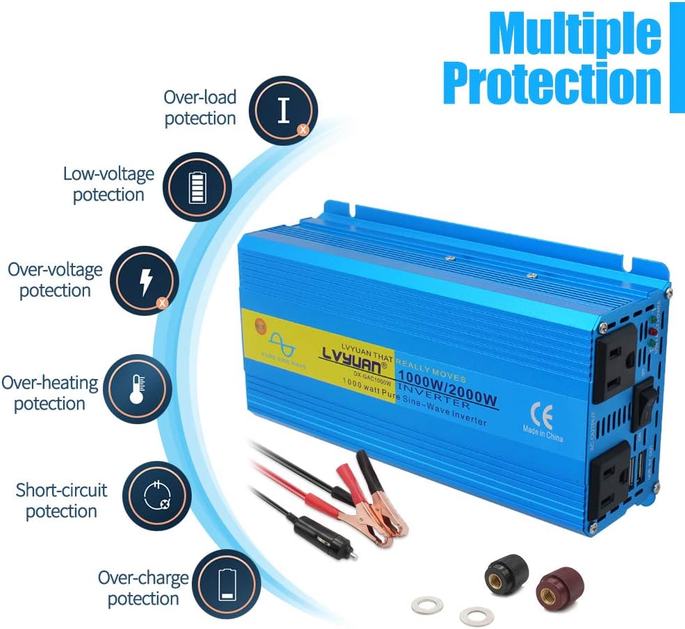LVYUAN Pure Sine Wave Inverter 3000 Watt Inverter 12V to 110V DC to AC with Remote Controller, LCD Display 4 AC Sockets and 4 USB Ports for Car Truck Solar Power (3000W with Remote Controller)