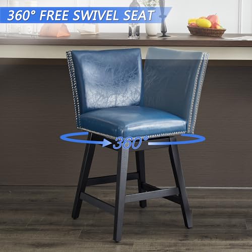 Swivel Bar Stools Set of 2 - Counter Height Bar Stools with Back, Free 360° Swivel, Nail Head Design, Upholstered, Solid Wood Frame for Farmhouse, Rustic & Nordic Style Bars, White