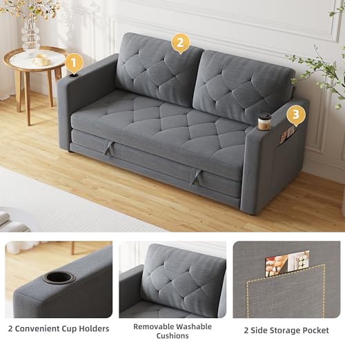 Lvifur 3-in-1 Loveseat Sleeper Sofa, Pull Out Sleeper Couch Full Size, Foldable Futon Sofa Bed for Small Space, Convertible Floor Couch with Side Pockets for Living Room (Beige)