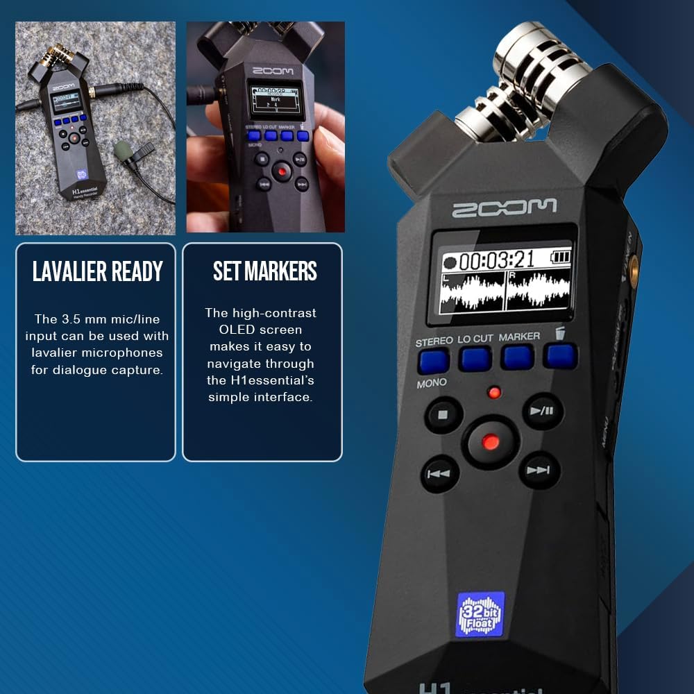 Zoom H1essential Stereo Handy Recorder – H1 Essential (H1E) Portable Audio Recorder 32 Bit Float, USB & X/Y Microphone - 64GB SD, Tripod, Headphone w/Mic & More for Musicians Vloggers Filmmakers