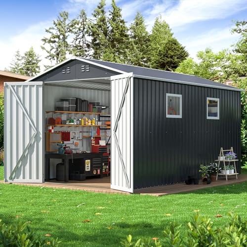 10x10 FT Outdoor Storage Shed, Metal Garden Tool Shed with Updated Frame Structure, Lockable Doors and Windows, Ideal for Backyard Garden Patio Lawn, Grey