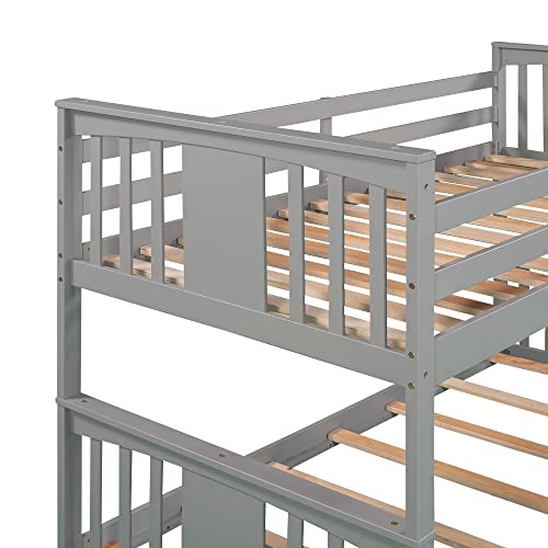 Harper & Bright Designs Low Bunk Bed for Kids Teens, Solid Wood Twin over Twin Floor Bunk Beds with Ladder and Guard Rail (New, Gray)