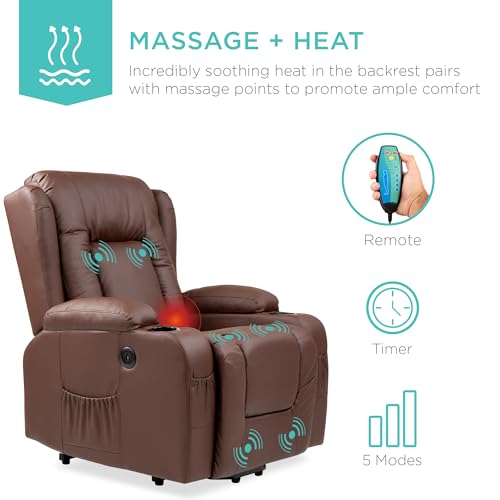Best Choice Products PU Leather Electric Power Lift Chair, Recliner Massage Chair, Adjustable Furniture for Back, Legs w/ 3 Positions, USB Port, Heat, Cupholders, Easy-to-Reach Side Button - Brown