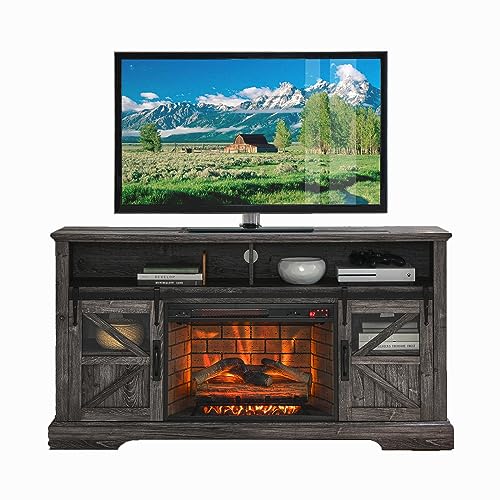 Fireplace TV Stand Cabinet,Wood LED Light Entertainment Center Electric Fireplace Heater for 400Sq.ft., Modern Farmhouse tv Console with Fireplace for TVs Up to 70", Home Living Room Decor