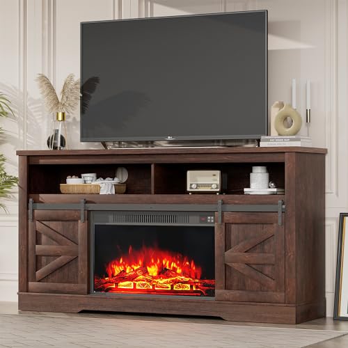 YESHOMY Farmhouse TV Stand for Televisions up to 65 Inches, Sliding Barn Doors and Storage Cabinets, Console Table and Media Furniture for Living Room, 58 Inch, Milk White