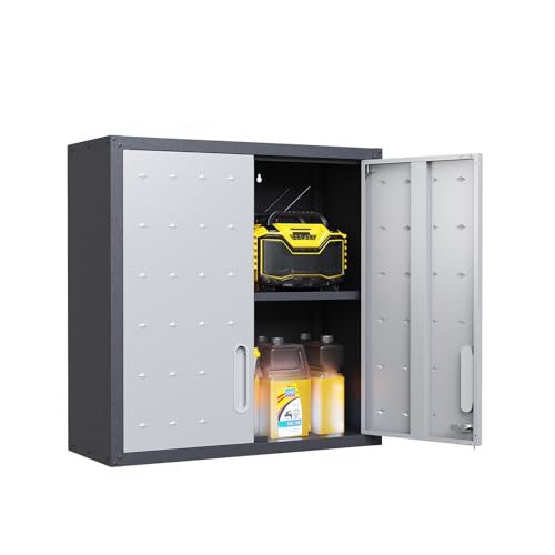 Garage Storage Cabinet Wall Cabinet with 2 Doors,Lockable Tool Cabinets Wall Mounted with Adjustale Shelves,Heavy Duty Steel Hanging Cabinets for Warehouse Kitchen Laundry,Assembly Required