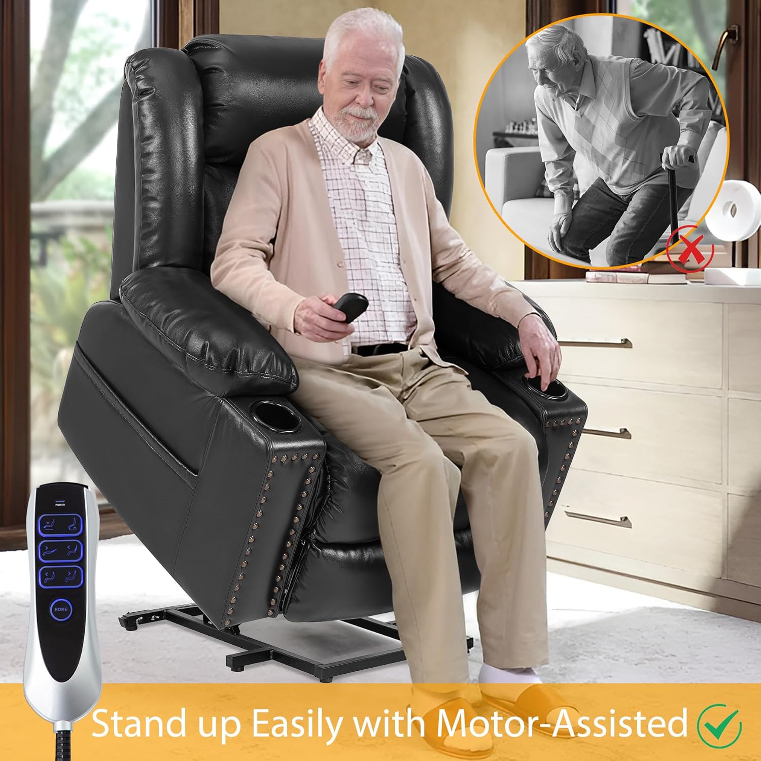 Triple Motor Large Power Lift Recliner Chair for Elderly with Heat and Massage, Lay Flat Lift Chairs for Seniors Infinite Position, Extended Footrest, USB Ports, Cup Holder, Black
