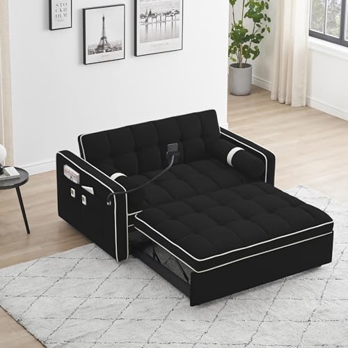 LUMISOL Convertible Couch with Pullout Bed, 3 in 1 Sleeper Sofa Couch Bed, 55" Sofa Bed with Adjustable Backrest, Pull Out Loveseat Sleeper with Pillows & Pockets for Living Room Apartment, Beige