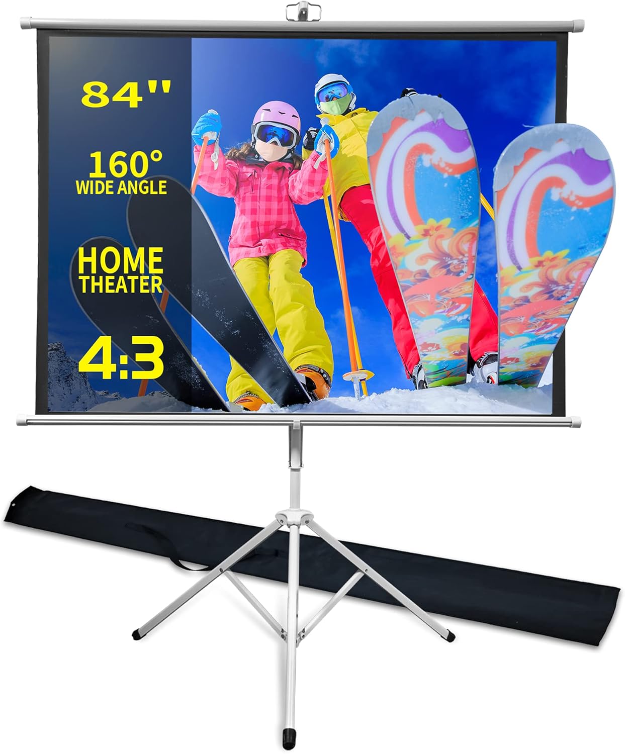 TRMESIA Projector Screen with Stand 84in Foldable Projector Screen and Tripod Stand Pull Down White Fabric 4:3 Portable Projection Screen and Carry Bag Retractable Home Theater Outdoor Movie Screen