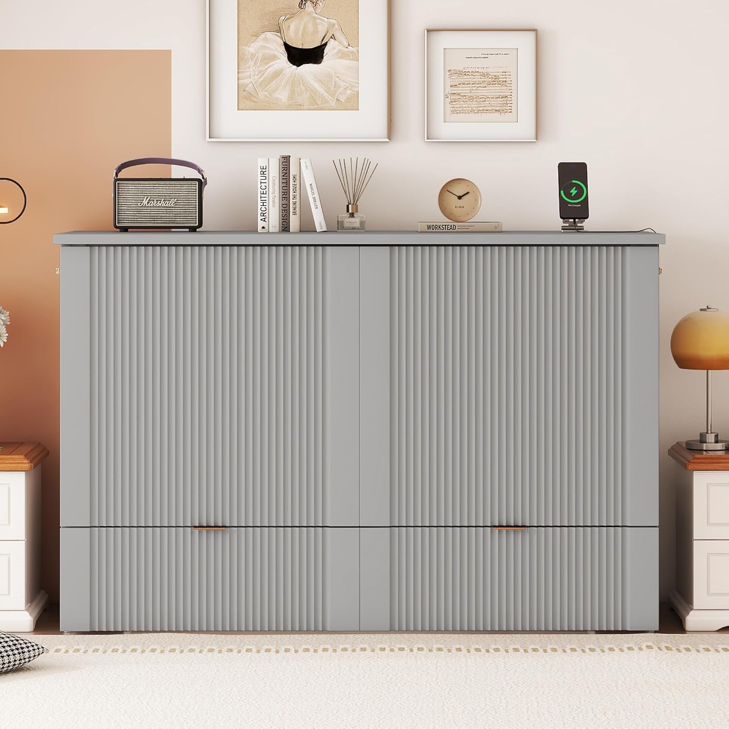 Full Size Murphy Bed Wall Bed with Storage Drawers, Foldable Platform Bed with A Set of Sockets, Cabinet Bed for Home Office or Small Room, Pulley Structure Design (Gray-Full Size-USB Ports)