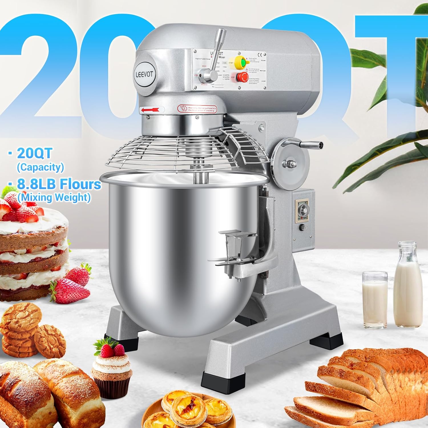 20Qt 1100W Commercial Food Mixer, Commercial mixer 3-Speed Adjustable Heavy Duty Stand Mixer with Stainless Steel Bowl for Bakery Pizzeria. (Standard)