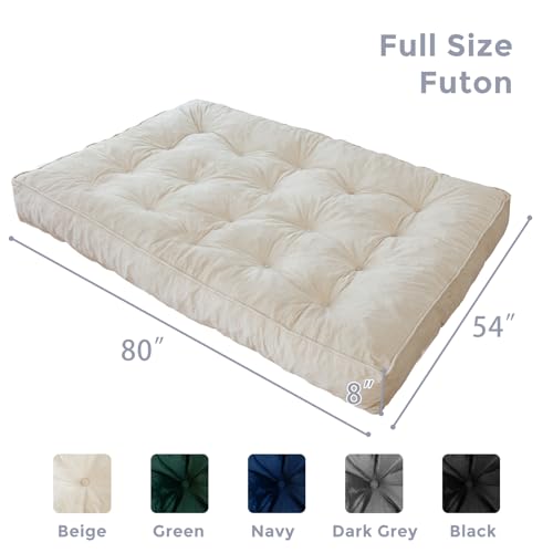 MAXYOYO 8" Futon Mattress Full Size, Extra Thick Futons Sofa Couch Bed, Velvet Floor Mattress for Adults, Shredded Foam Filling (Frame Not Included), Beige