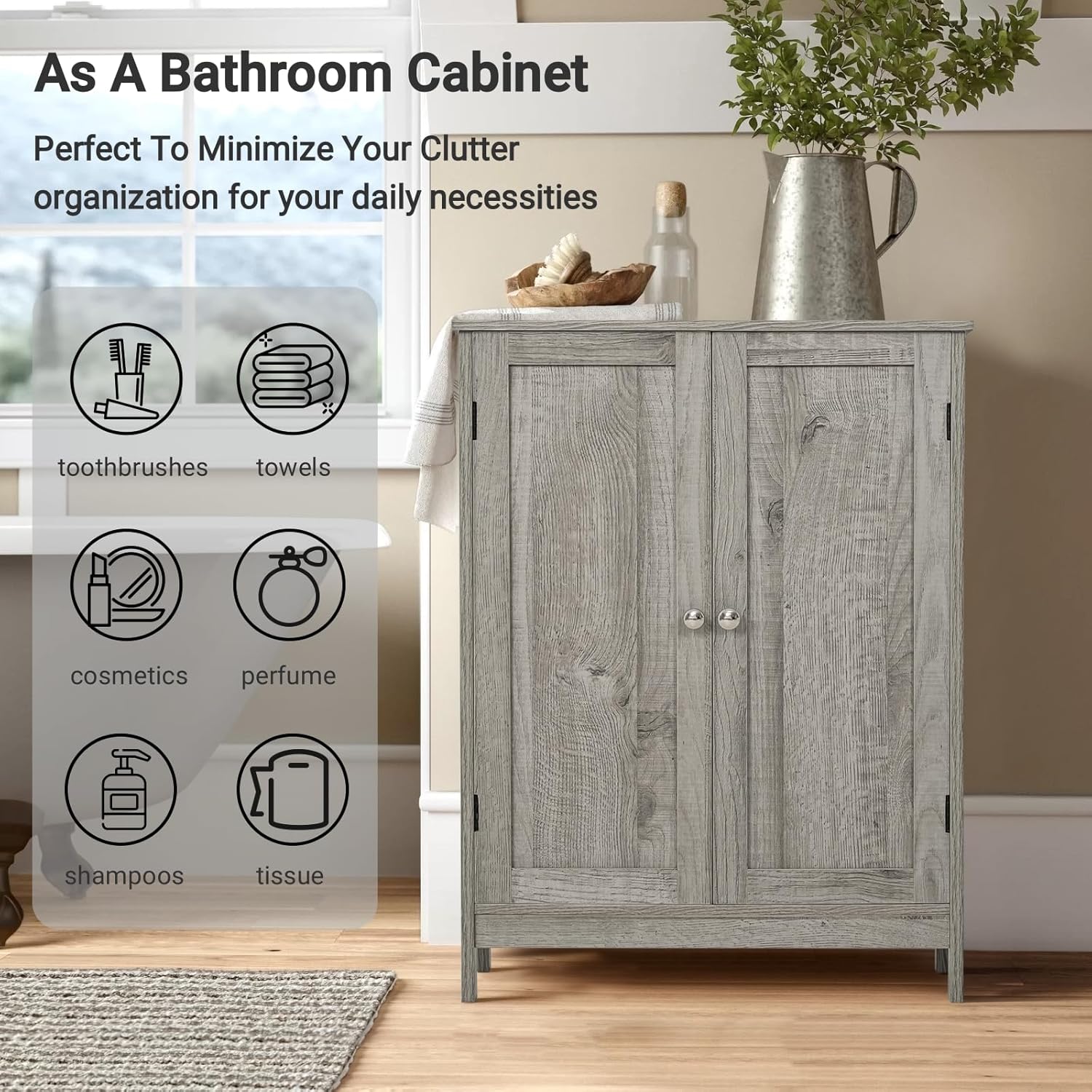 Iwell Storage Cabinet, Bathroom Cabinet with 4 Doors & Adjustable Shelf, Cupboard, Bathroom Floor Cabinet for Living Room, Entryway, Home Office, Grey