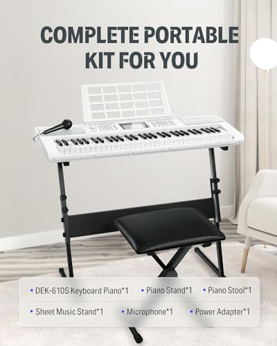 Donner 61 Key Keyboard Piano, Electric Piano Keyboard Kit with 249 Voices, 249 Rhythms - Includes Piano Stand, Stool, Microphone, Gift for Beginners, Black (DEK-610S)