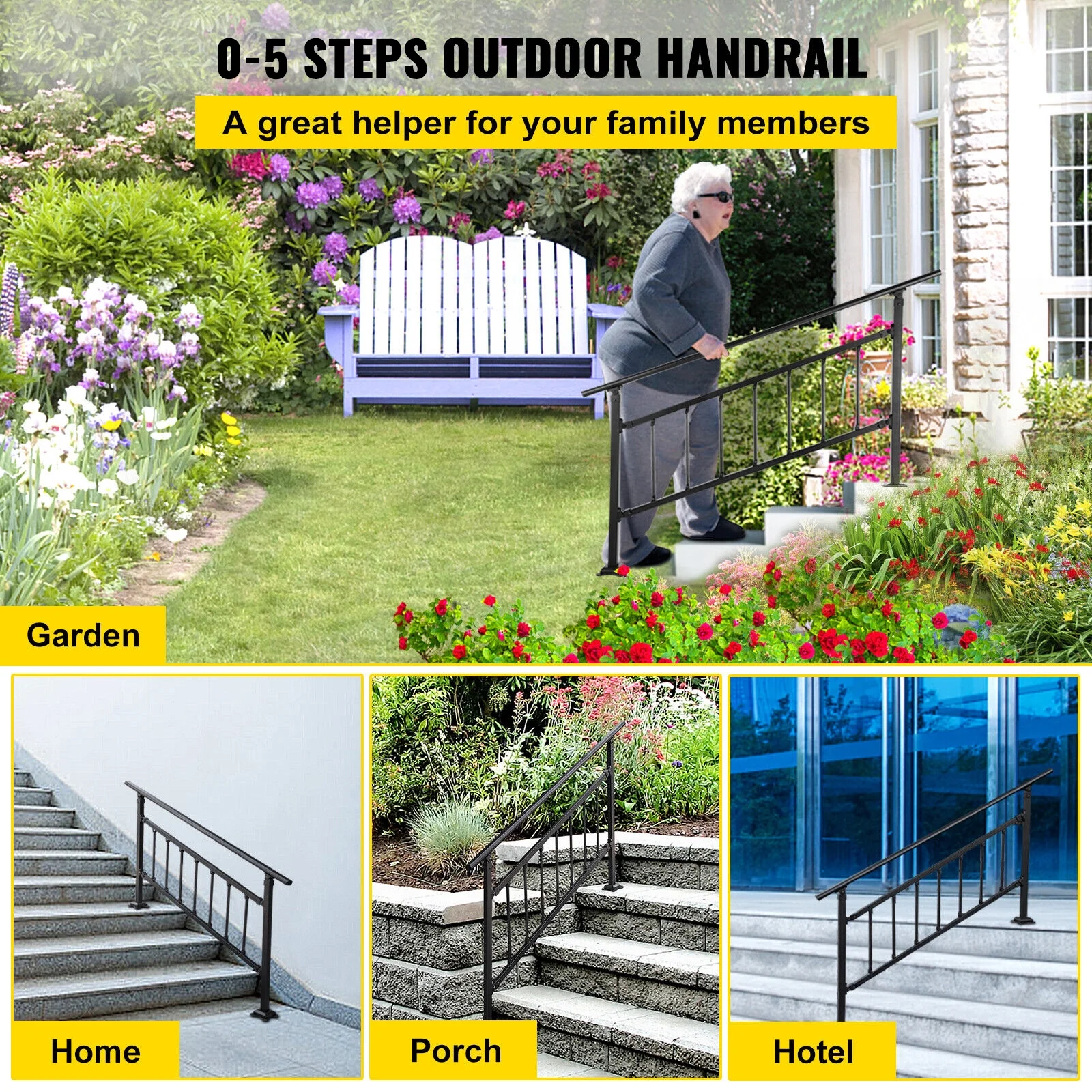 BENTISM Iron Handrail Stair Railing Hand Rail Kit 0-5 Steps Outdoor Black w/ Bars