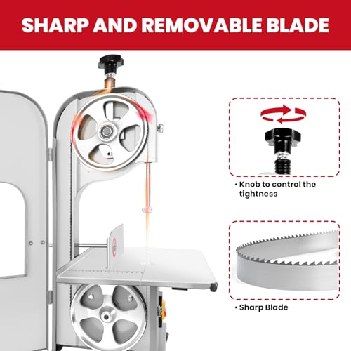 1500w Electric Meat Bone Saw, Stainless Steel Tabletop Meat Bandsaw for Butchering, Cutting Thickness 0.8-7.1 Inches, Commercial Frozen Meat Cutting Machine with 6 Blades, Workbeach 19.3 "x 15.35"