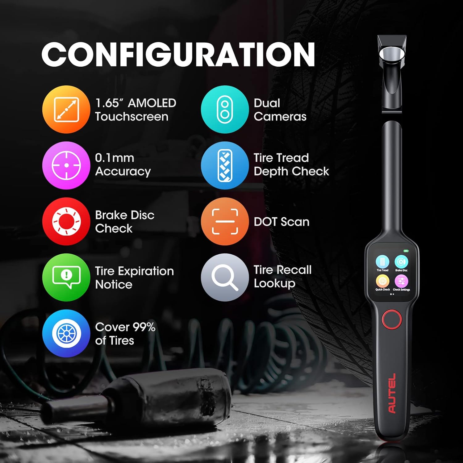 Autel TPMS Scan Tool TBE200E : Tire Tread Depth Scan Tool Brake Disc Wear Scanner with 1.65” AMOLED Touchscreen, Dual Cameras, DOT Scan, Tire Expiration Notice, Covering for 99% of Tires