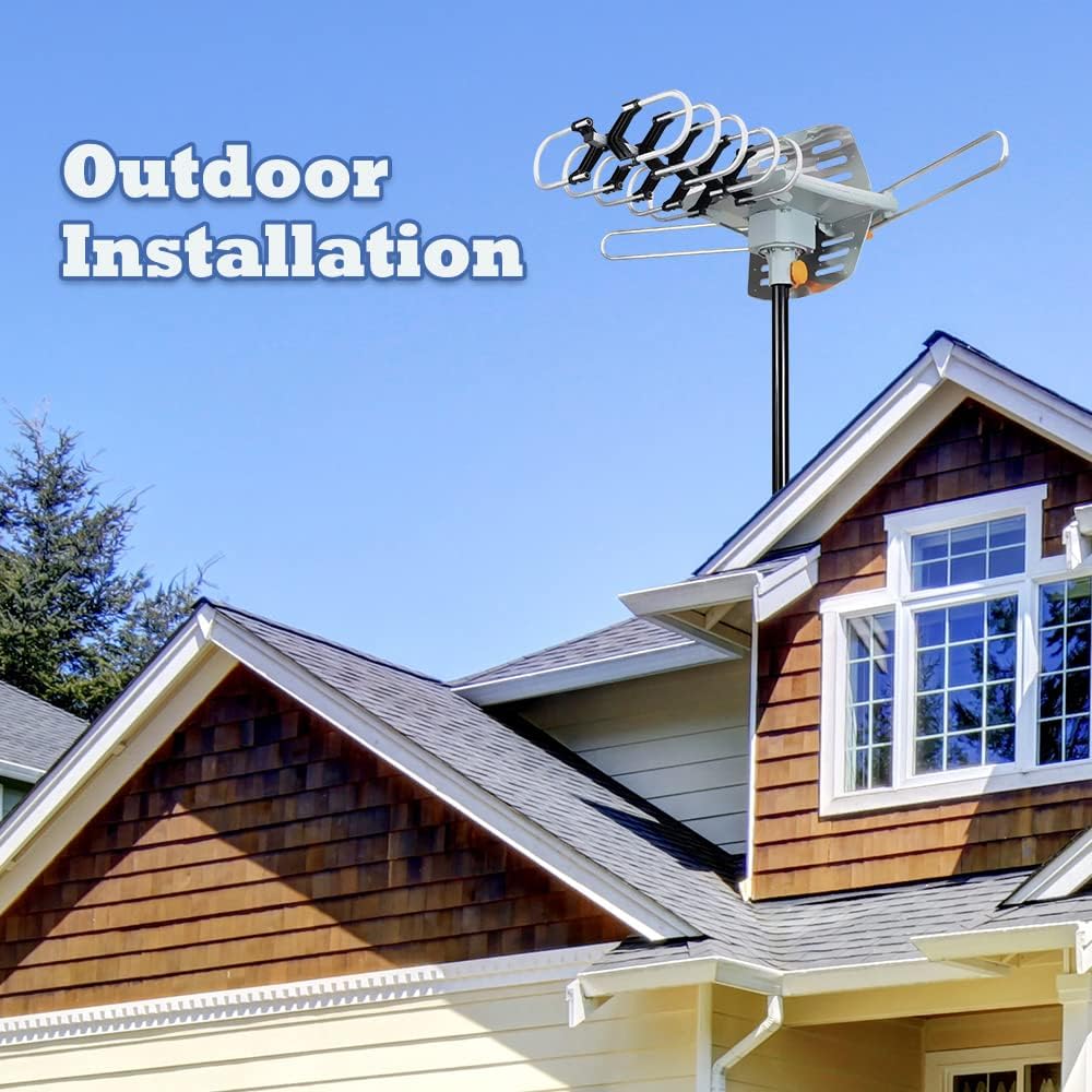Outdoor TV Antenna,Digital Amplified HDTV Antenna 150 Mile Motorized 360 Degree Rotation,Wireless Remote Control,with Mount Pole 33 ft RG6 Coax Cable, Support UHF VHF 1080P 4K and 2TVs